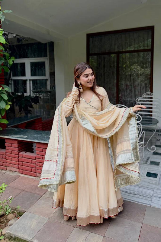 Beige Tabby Organza Silk Anarkali Lehenga Set with Mirror Work & Gotta Patti Lace