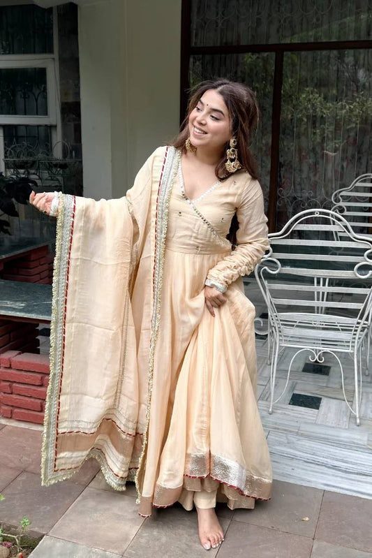 Beige Tabby Organza Silk Anarkali Lehenga Set with Mirror Work & Gotta Patti Lace