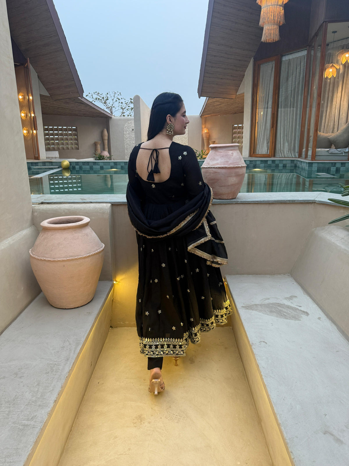 Black Anarkali Gown with Golden Embroidery & Matching Dupatta