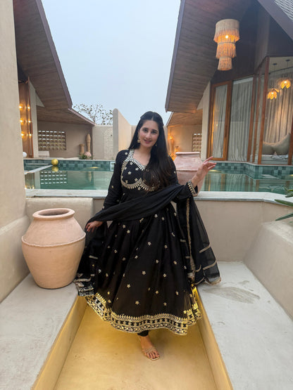 Black Anarkali Gown with Golden Embroidery & Matching Dupatta