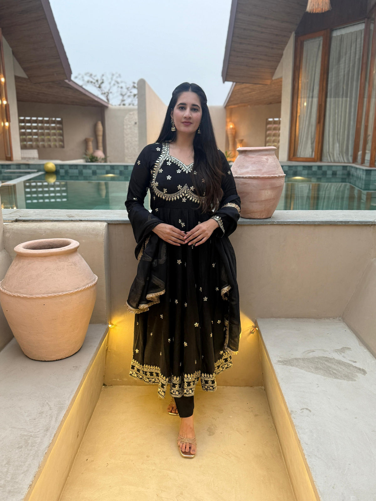 Black Anarkali Gown with Golden Embroidery & Matching Dupatta
