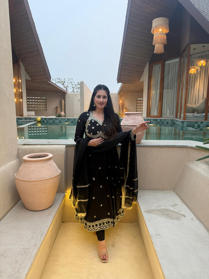 Black Anarkali Gown with Golden Embroidery & Matching Dupatta