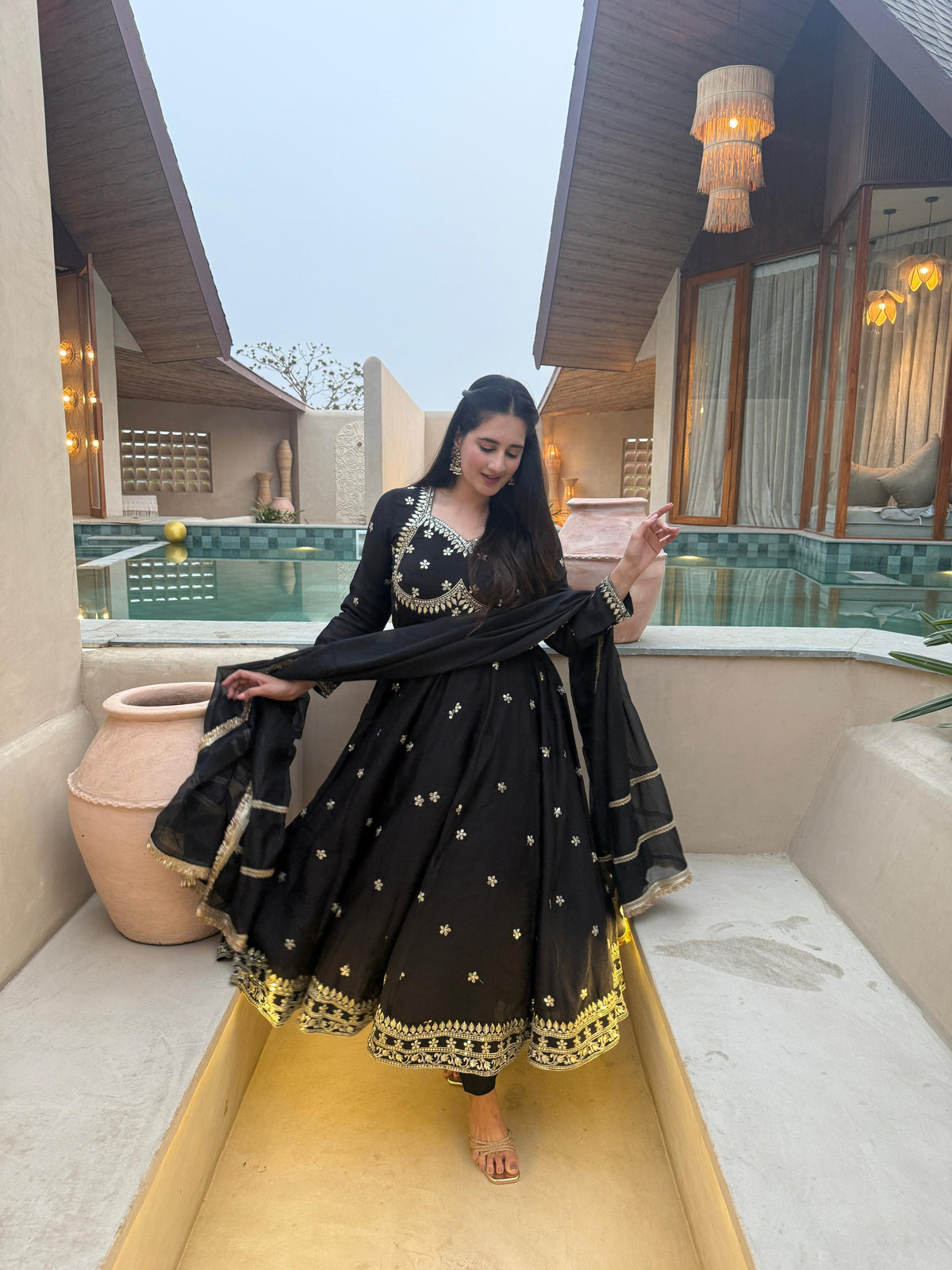 Black Anarkali Gown with Golden Embroidery & Matching Dupatta