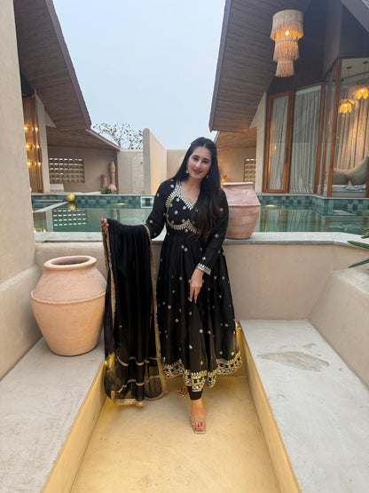 Black Anarkali Gown with Golden Embroidery & Matching Dupatta