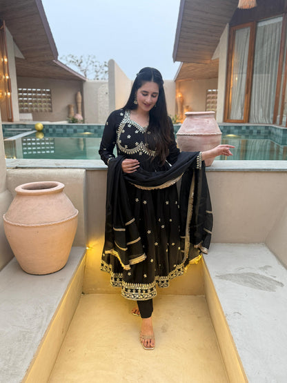 Black Anarkali Gown with Golden Embroidery & Matching Dupatta