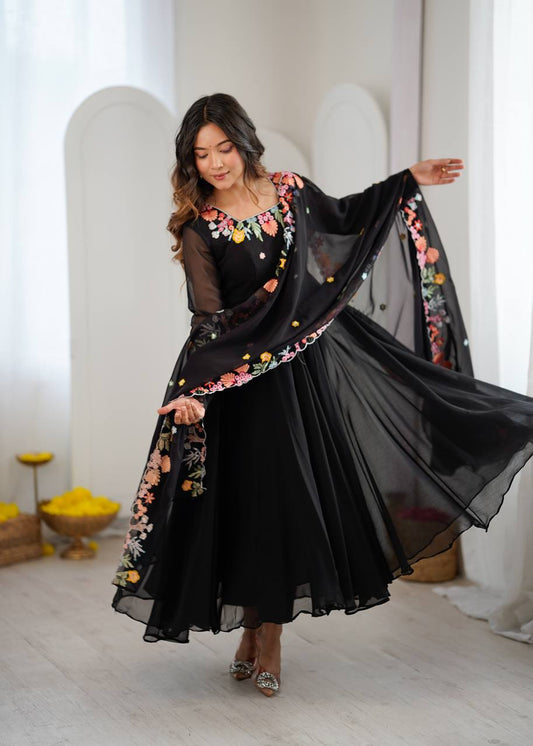Black Embroidered Anarkali Gown with Floral Dupatta