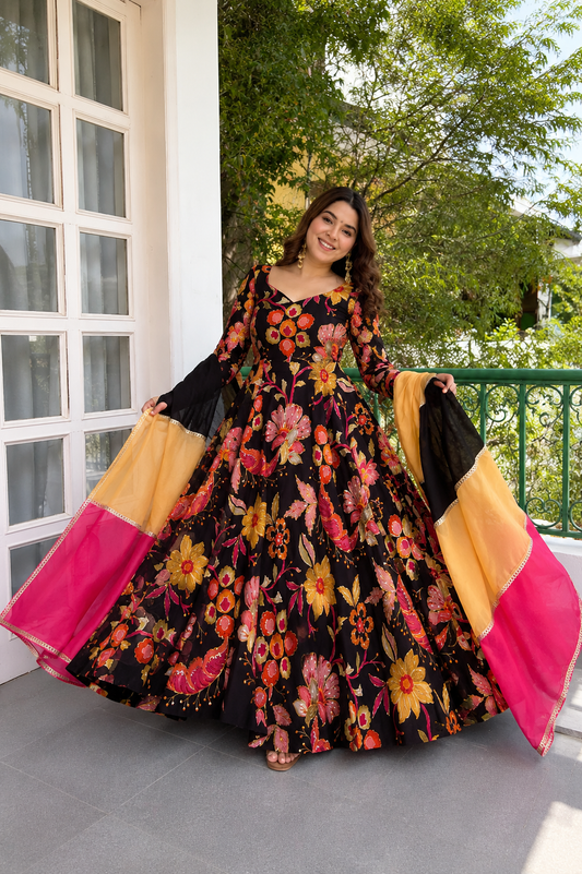 Black Tabby Organza Floral Printed Anarkali Suit Set with Dupatta