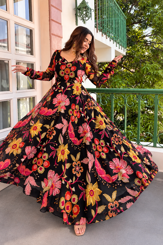 Black Tabby Organza Floral Printed Anarkali Suit Set with Dupatta