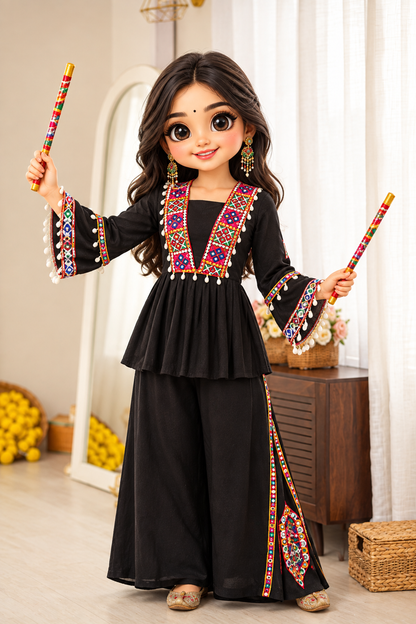 Black Gujarati Gamthi Work & Mirror Work Palazzo Suit