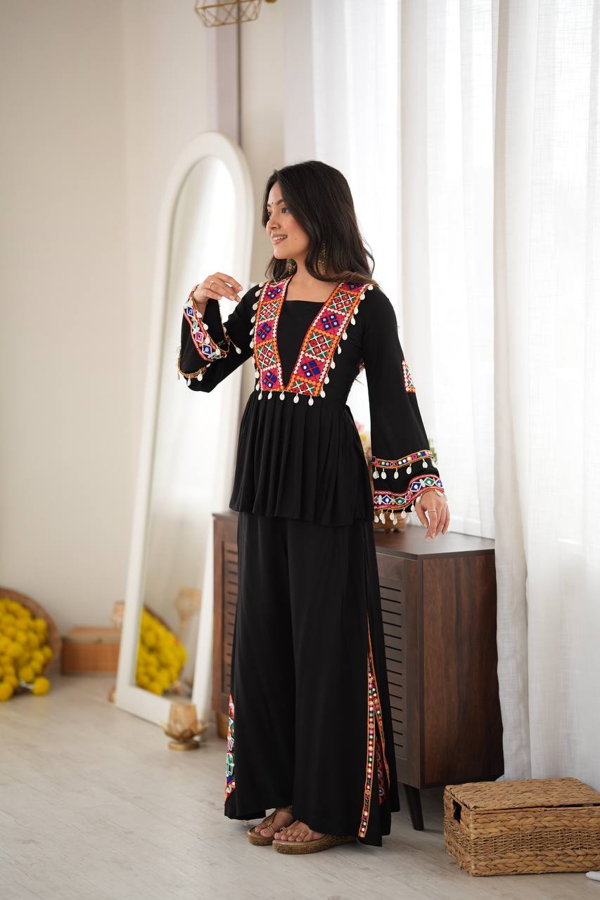 Black Gujarati Gamthi Work & Mirror Work Palazzo Suit
