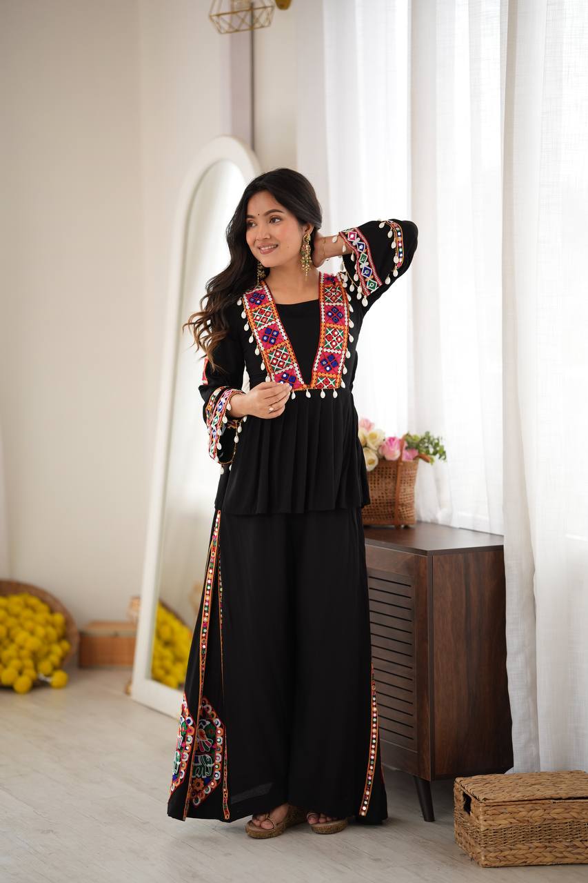 Black Gujarati Gamthi Work & Mirror Work Palazzo Suit