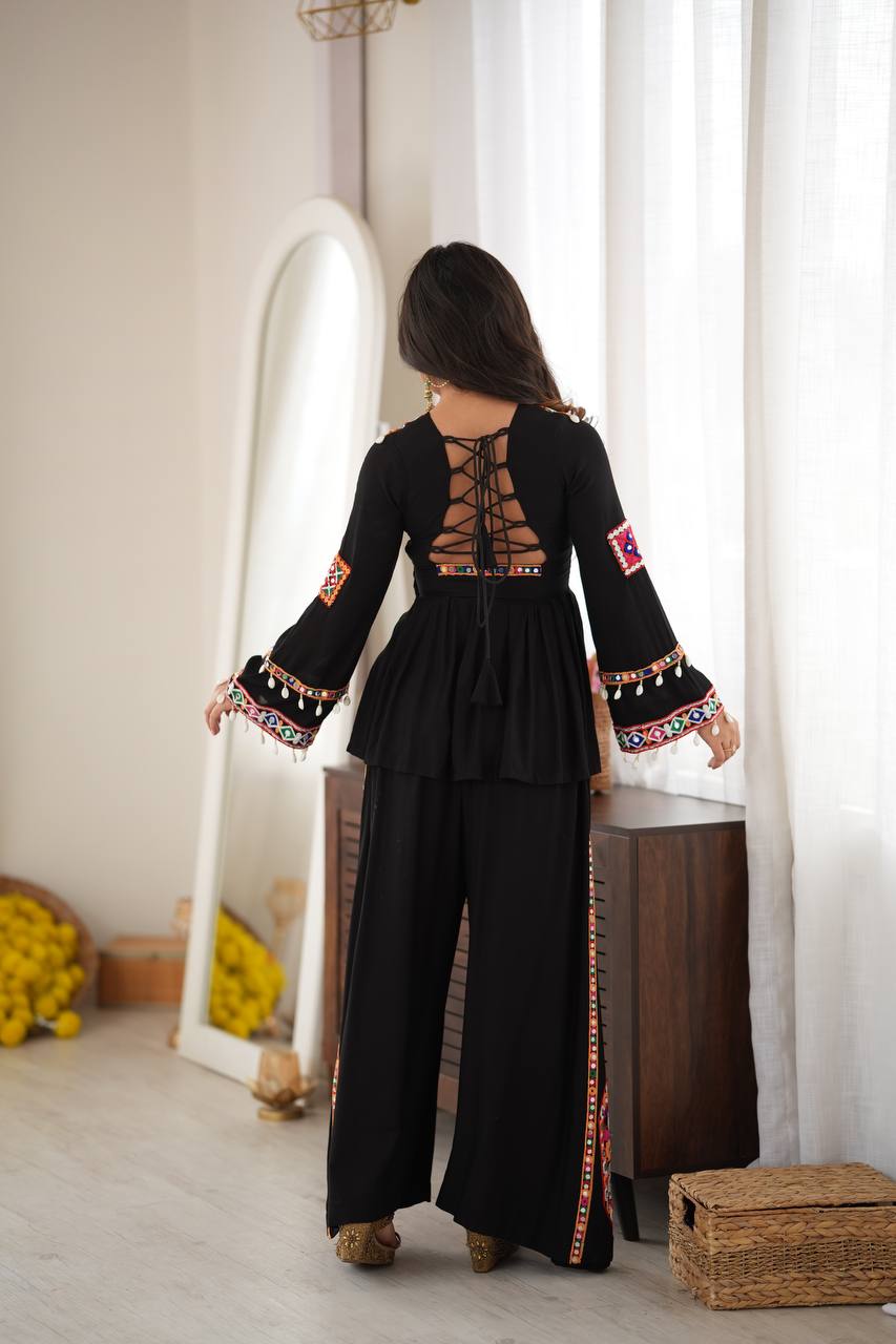 Black Gujarati Gamthi Work & Mirror Work Palazzo Suit