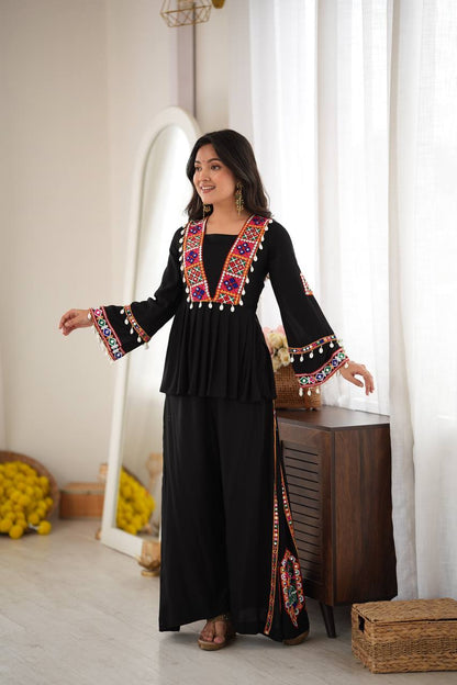 Black Gujarati Gamthi Work & Mirror Work Palazzo Suit
