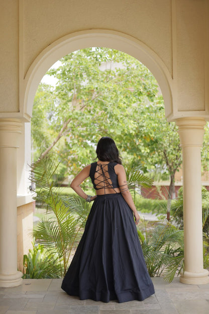 Black Kora Cotton Lehenga Choli with Gamthi Thread Embroidered Work