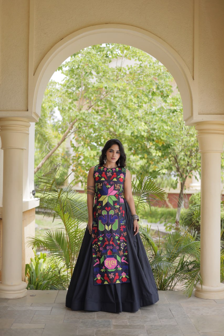 Black Kora Cotton Lehenga Choli with Gamthi Thread Embroidered Work