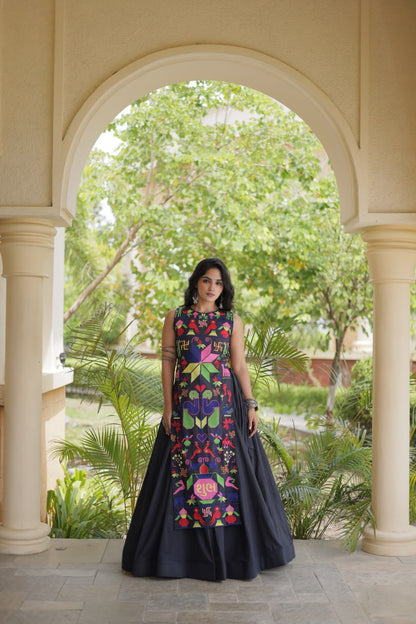 Black Kora Cotton Lehenga Choli with Gamthi Thread Embroidered Work