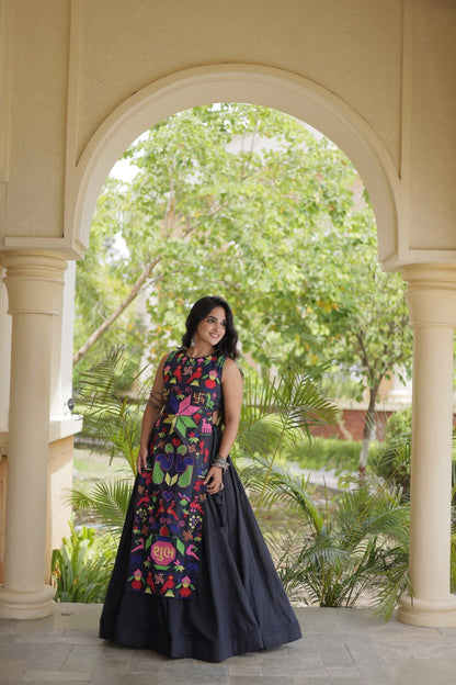 Black Kora Cotton Lehenga Choli with Gamthi Thread Embroidered Work