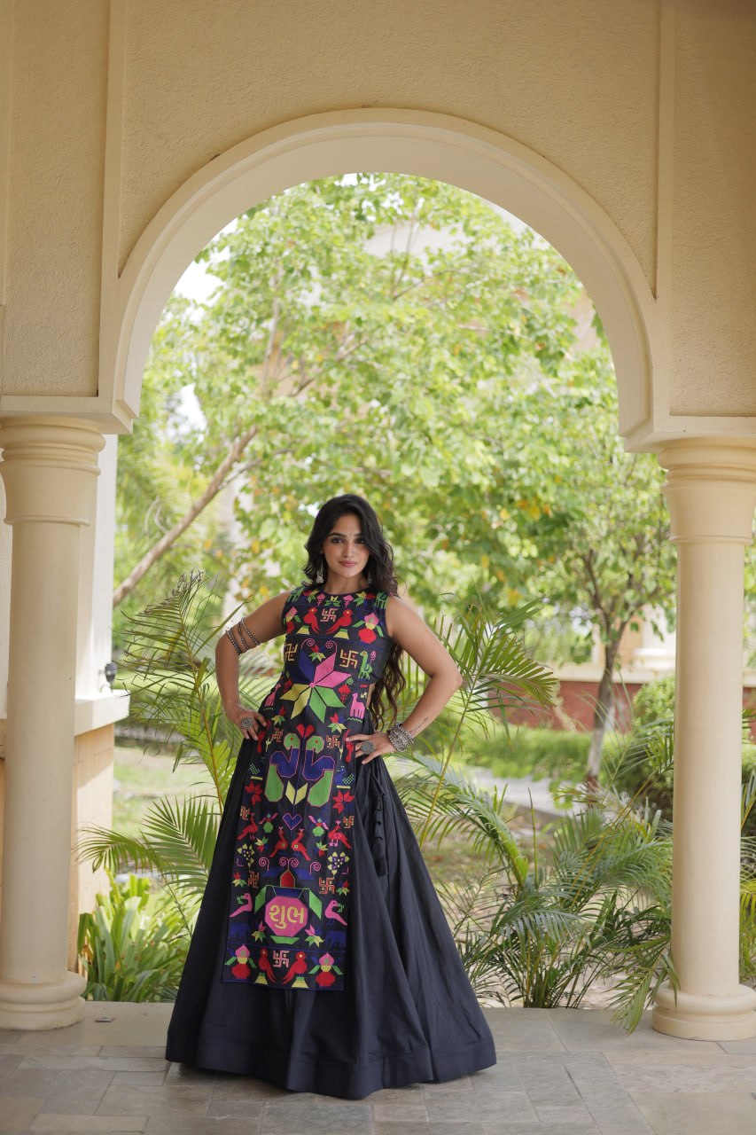 Black Kora Cotton Lehenga Choli with Gamthi Thread Embroidered Work