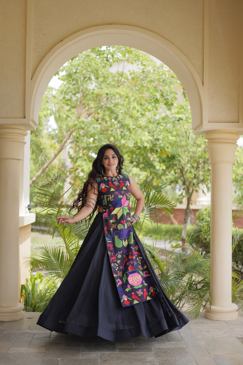 Black Kora Cotton Lehenga Choli with Gamthi Thread Embroidered Work