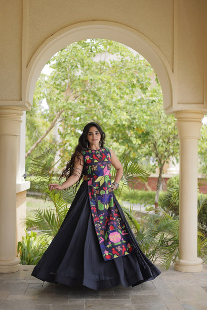 Black Kora Cotton Lehenga Choli with Gamthi Thread Embroidered Work