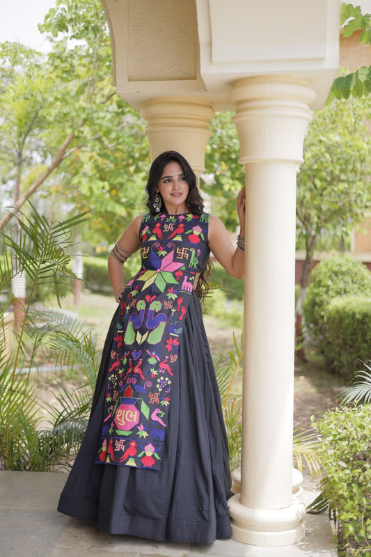 Black Kora Cotton Lehenga Choli with Gamthi Thread Embroidered Work