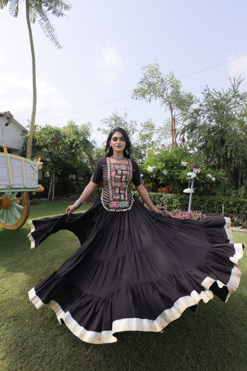 Black Kora Cotton Lehenga Choli with Kutchi Gamthi Patchwork Blouse For Navratri