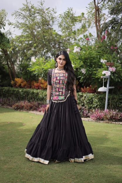 Black Kora Cotton Lehenga Choli with Kutchi Gamthi Patchwork Blouse For Navratri