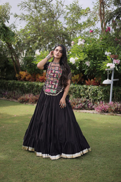 Black Kora Cotton Lehenga Choli with Kutchi Gamthi Patchwork Blouse For Navratri