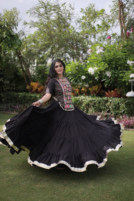 Black Kora Cotton Lehenga Choli with Kutchi Gamthi Patchwork Blouse For Navratri