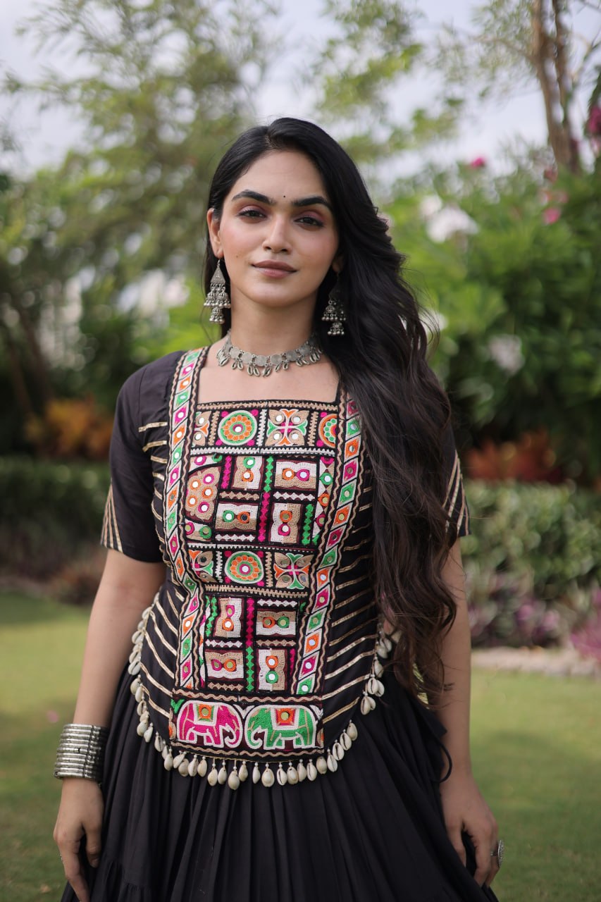 Black Kora Cotton Lehenga Choli with Kutchi Gamthi Patchwork Blouse For Navratri