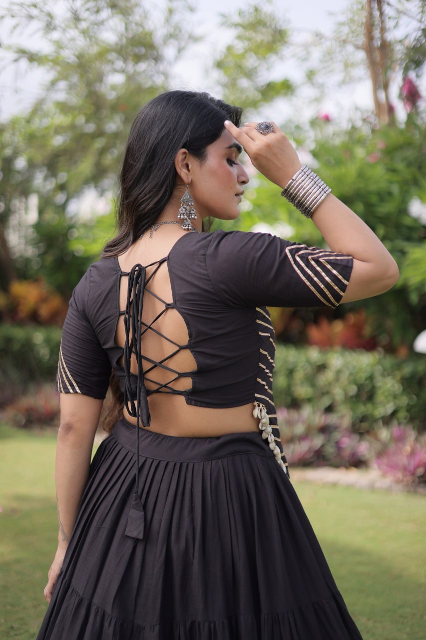Black Kora Cotton Lehenga Choli with Kutchi Gamthi Patchwork Blouse For Navratri