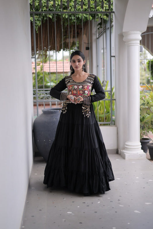 Black Kutchi Gamthi Embroidered Gown with Mirror Work