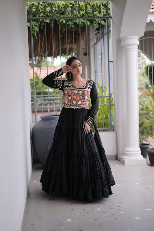Black Kutchi Gamthi Embroidered Gown with Mirror Work
