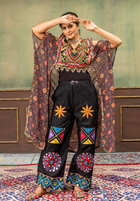 Black Kutchi Gamthi Kaftan with Mirror Work & Embroidered Jeans