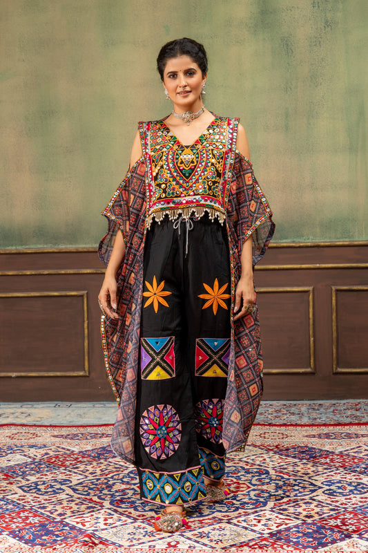 Black Kutchi Gamthi Kaftan with Mirror Work & Embroidered Jeans