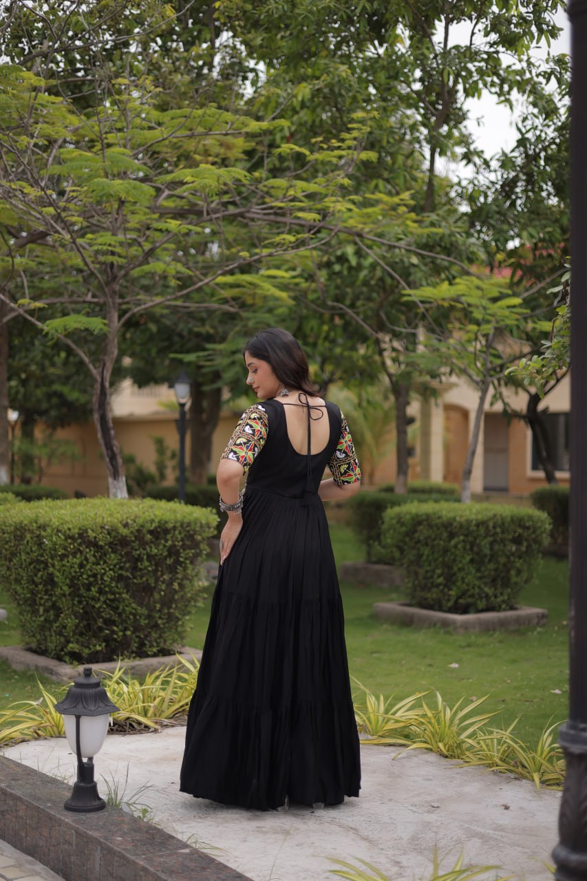 Black Kutchi Gamthi Thread Embroidered & Mirror Work Rayon Anarkali Gown