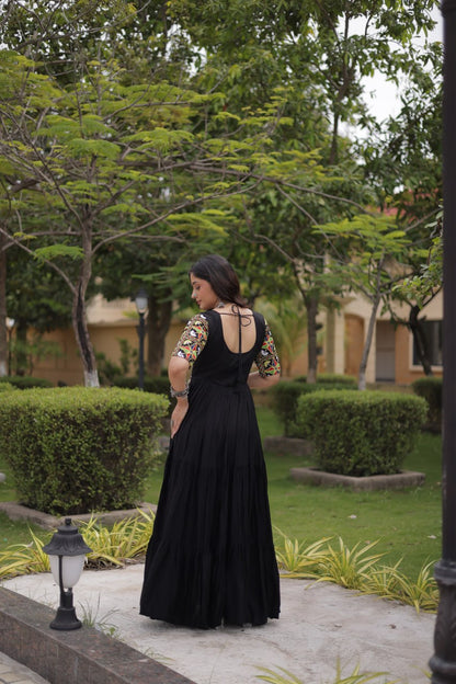 Black Kutchi Gamthi Thread Embroidered & Mirror Work Rayon Anarkali Gown