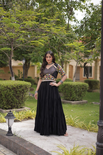 Black Kutchi Gamthi Thread Embroidered & Mirror Work Rayon Anarkali Gown
