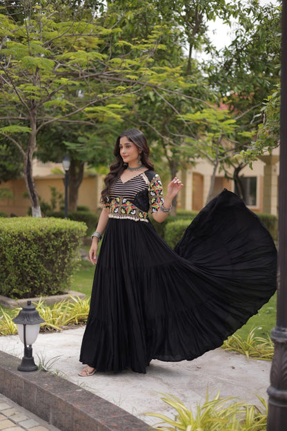 Black Kutchi Gamthi Thread Embroidered & Mirror Work Rayon Anarkali Gown