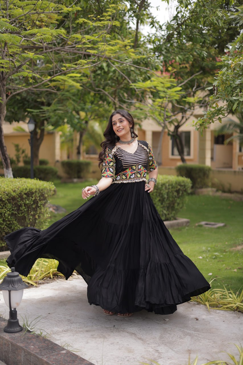 Black Kutchi Gamthi Thread Embroidered & Mirror Work Rayon Anarkali Gown
