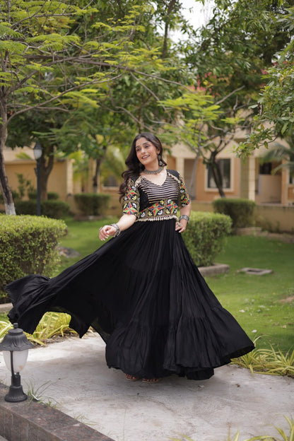 Black Kutchi Gamthi Thread Embroidered & Mirror Work Rayon Anarkali Gown