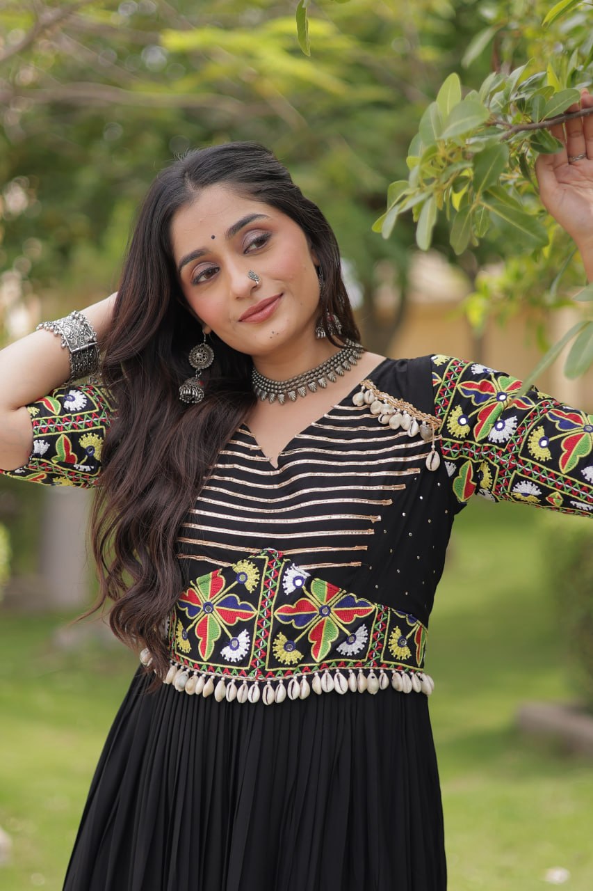 Black Kutchi Gamthi Thread Embroidered & Mirror Work Rayon Anarkali Gown