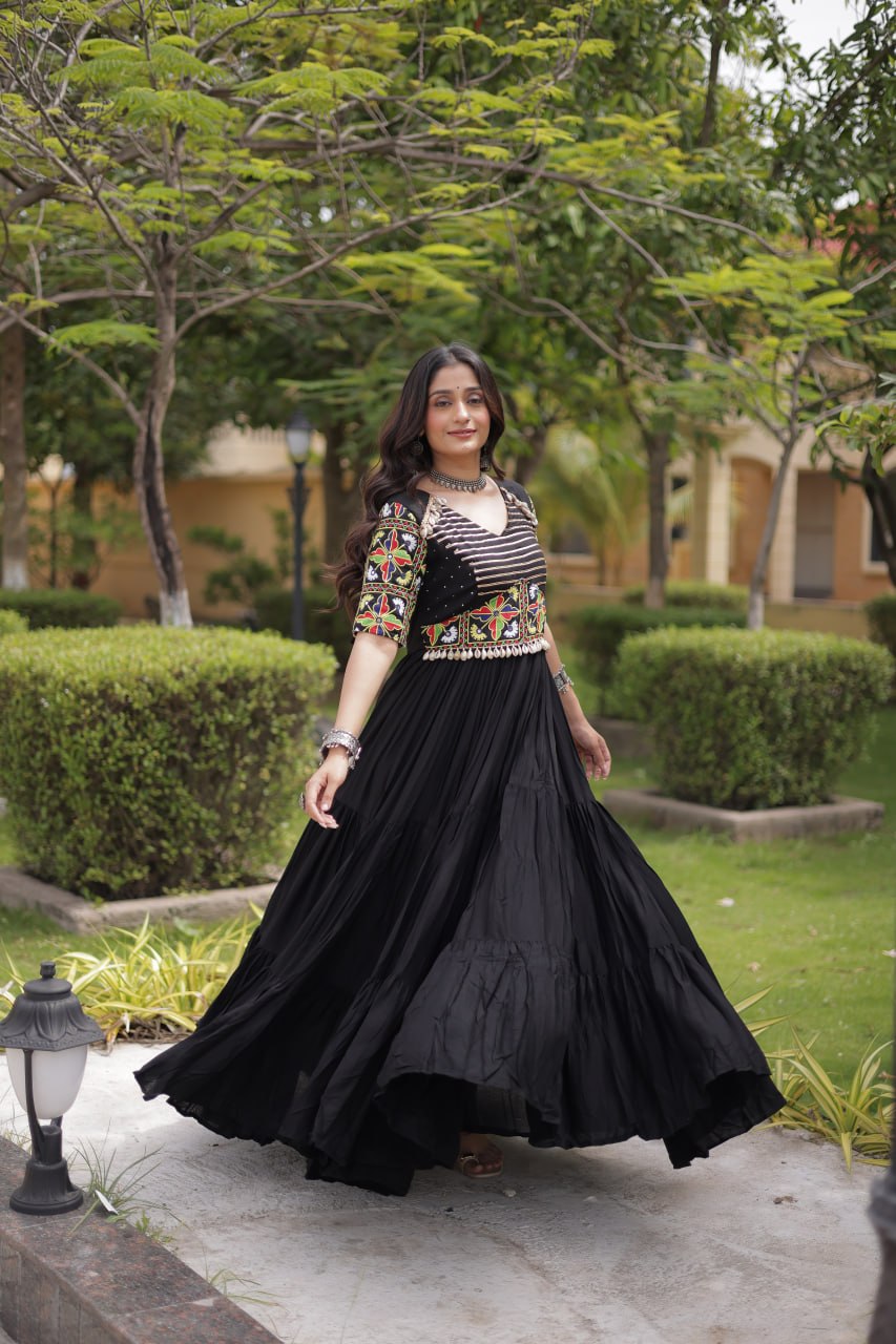 Black Kutchi Gamthi Thread Embroidered & Mirror Work Rayon Anarkali Gown