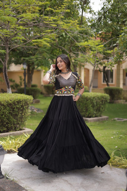 Black Kutchi Gamthi Thread Embroidered & Mirror Work Rayon Anarkali Gown