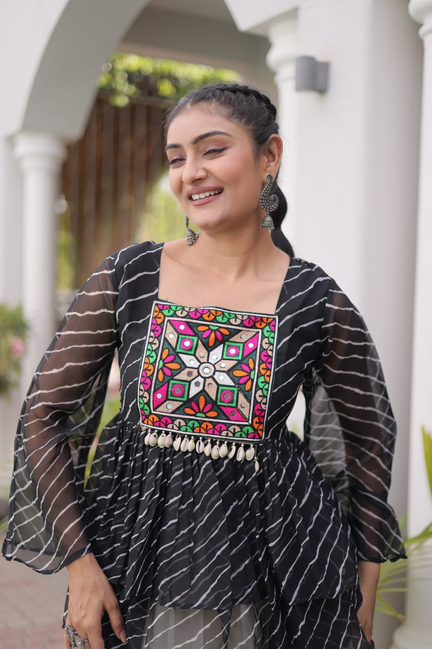 Black Laheriya Print Kutchi Gamthi Patchwork Top with White Kora Cotton Frill Lehenga