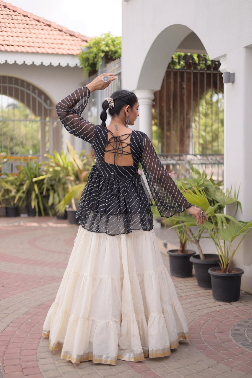 Black Laheriya Print Kutchi Gamthi Patchwork Top with White Kora Cotton Frill Lehenga