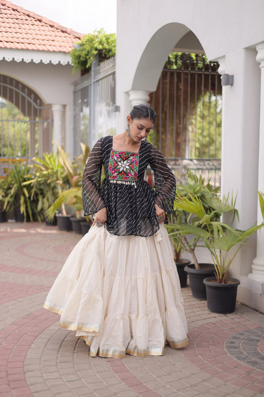 Black Laheriya Print Kutchi Gamthi Patchwork Top with White Kora Cotton Frill Lehenga