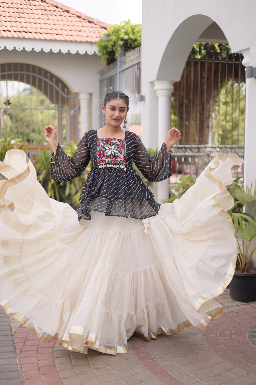 Black Laheriya Print Kutchi Gamthi Patchwork Top with White Kora Cotton Frill Lehenga