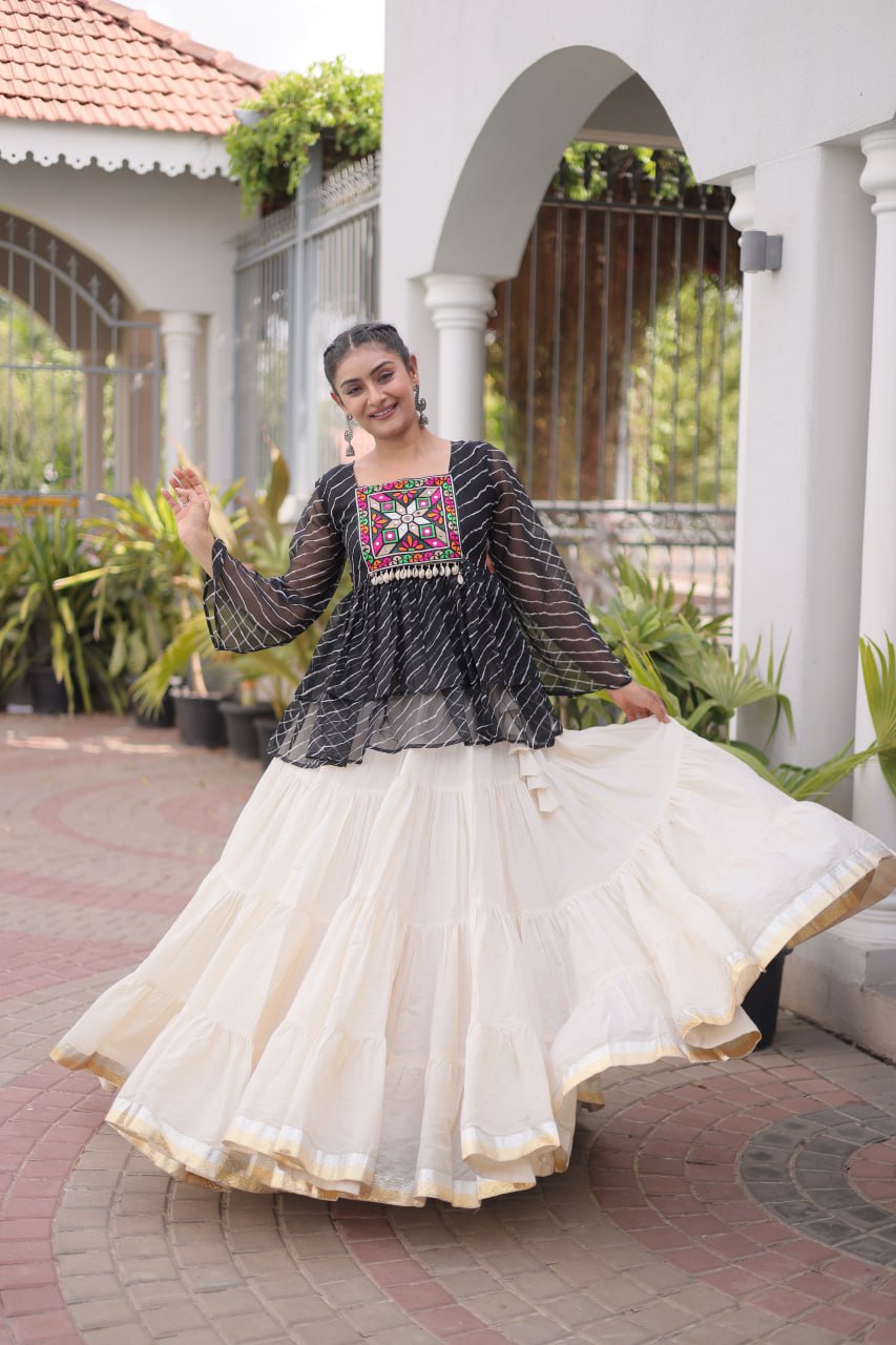 Black Laheriya Print Kutchi Gamthi Patchwork Top with White Kora Cotton Frill Lehenga