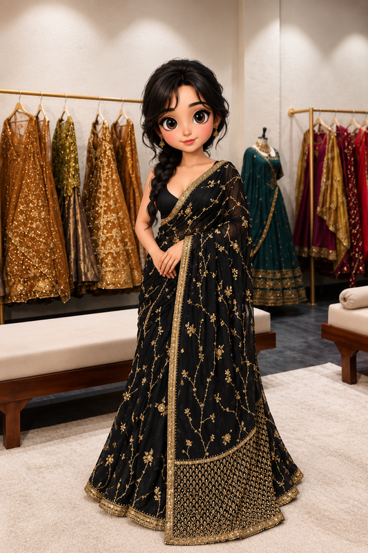 Black Pre-Draped Saree with Heavy Gold Floral Embroidery & Designer Border